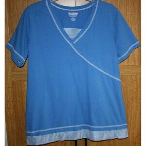 Women's Blue Knit Top All American Comfort V Neck Inset SZ L Pullover GUC